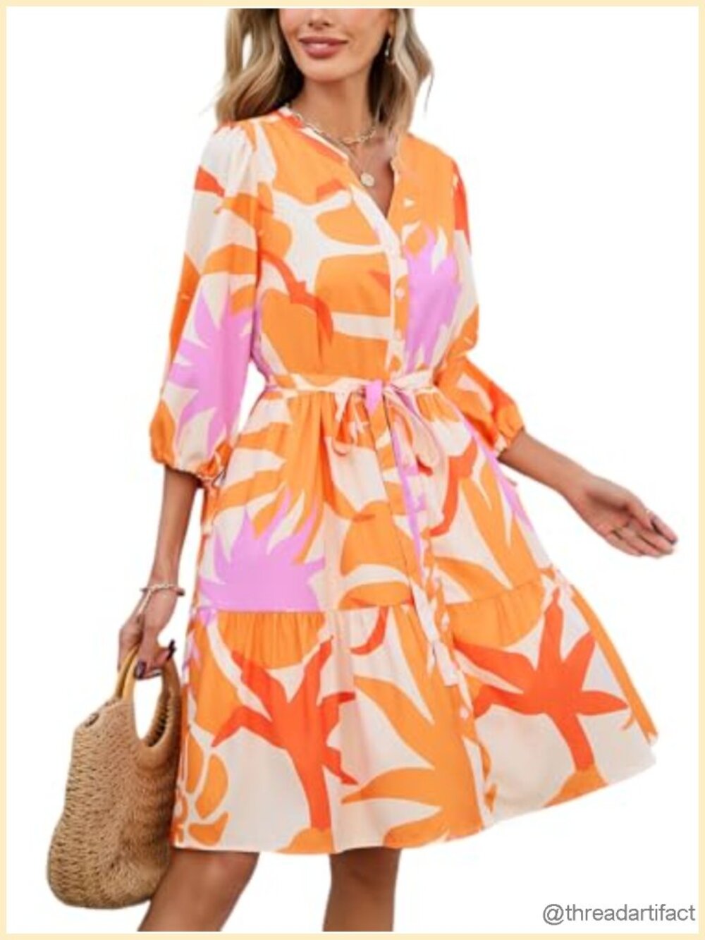 Floral Mini Dress V Neck Button Down 3/4 Sleeve Flowy Boho Beach Sundress with